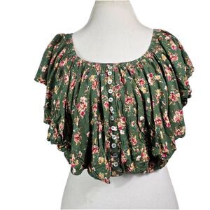 Romantic Gypsy Boho Green Floral Ruffle Crop Top Size M